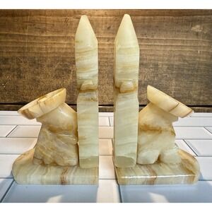 VTG Mid Century Hand-Carved Onyx Marble Sculptures Bookends Cactus Mexican Art